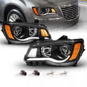 AmeriLite Projector LED Bar Turn Signal Replacement Headlights Pair For Chrysler 300 Driver and Passenger Side