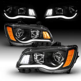 AmeriLite Projector LED Bar Turn Signal Replacement Headlights Pair For Chrysler 300 Driver and Passenger Side