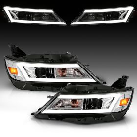 AmeriLite for 2014-2020 Chevy Impala C-Type LED Tube Square Projector Chrome Replacement Headlights Set - Passenger and Driver Side