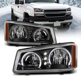 AmeriLite for 2003-2006 Chevy Silverado 1500 2500 3500 | Avalanche Pickup Dual LED Halos Black Replacement Headlights Set - Driver and Passenger Side