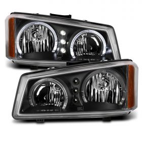 AmeriLite for 2003-2006 Chevy Silverado 1500 2500 3500 | Avalanche Pickup Dual LED Halos Black Replacement Headlights Set - Driver and Passenger Side