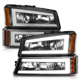 AmeriLite for 2003-2006 Chevy Silverado 1500 2500 3500 | Avalanche Truck LED Tube Black Headlights with Bumper Turn Signal Set - Driver and Passenger Side