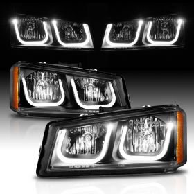 AmeriLite for 2003-2006 Chevy Silverado 1500 2500 3500 | Avalanche Truck U-Type LED Bars Black Replacement Headlights Pair - Driver and Passenger Side