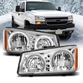AmeriLite Chrome LED Dual Halo Replacement Headlights Set For 03-06 Chevy Silverado - Passenger and Driver Side