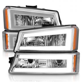 AmeriLite for 2003-2006 Chevy Silverado 1500 2500 3500 | Avalanche Pickup LED Bar Tube Chrome Headlights w/Bumper Lamp Set - Driver and Passenger Side