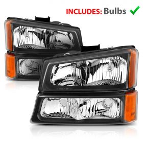 AmeriLite for 2003-2006 Chevy Silverado 1500HD 2500HD 3500 / Avalanche Pickup Black Replacement Headlights Assembly w/Bumper lamp Set - Driver and Passenger Side