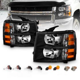 AmeriLite for 2007-2013 Chevy Silverado 1500 / 07-14 Silverado 2500HD 3500HD OEM Style Black Replacement Headlights w/Bulb and Harness Amber Reflector Set - Passenger & Driver