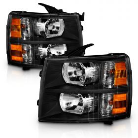 AmeriLite for 2007-2013 Chevy Silverado 1500 / 07-14 Silverado 2500HD 3500HD OEM Style Black Replacement Headlights w/Bulb and Harness Amber Reflector Set - Passenger & Driver