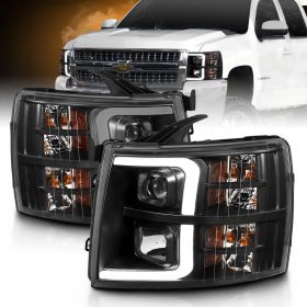 AmeriLite for 2007-2013 Chevy Silverado 1500/07-14 Silverado 2500HD 3500HD LED Tube Quad Projector Black Headlights Assembly Set - Passenger and Driver Side