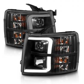 AmeriLite for 2007-2013 Chevy Silverado 1500/07-14 Silverado 2500HD 3500HD LED Tube Quad Projector Black Headlights Assembly Set - Passenger and Driver Side
