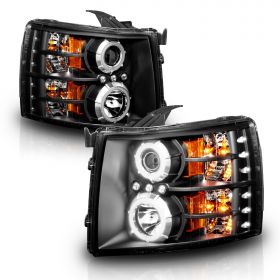 AmeriLite 2007-2013 For Chevy Silverado 1500 2500HD 3500HD: 2014 Silevrado 1500 Extreme Bright Dual LED Halos Black Headlight Set