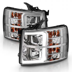 AmeriLite for 2007-2013 Chevy Silverado 1500/07-14 Silverado 2500HD 3500HD LED Tube Quad Projector Chrome Headlights Assembly Set - Passenger and Driver Side