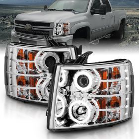 AmeriLite 2007-2014 for Chevy Silverado 1500/ 07-13 Silverado 2500HD 3500HD Dual Xtreme LED Halos Rings Chrome Projector Headlight Set - Passenger and Driver Side