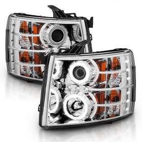 AmeriLite 2007-2014 for Chevy Silverado 1500/ 07-13 Silverado 2500HD 3500HD Dual Xtreme LED Halos Rings Chrome Projector Headlight Set - Passenger and Driver Side