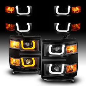 AmeriLite for 2014-2015 Chevy Silverado 1500 Pickup Truck Switchback U-Type LED Quad Projector Black Replacement Headlights Pair - Driver and Passenger Side