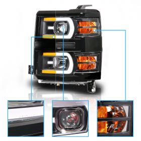 AmeriLite for 2014-2015 Silverado 1500 Pickup Sequential Switchback LED Tube Square Projector Black Replacement Headlights Pair - Driver and Passenger Side