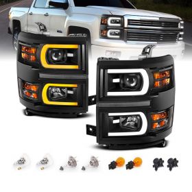 AmeriLite for 2014-2015 Silverado 1500 Pickup Switchback LED Tube Square Projector Black Replacement Headlights Pair - Driver and Passenger Side