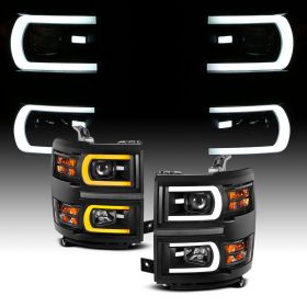 AmeriLite for 2014-2015 Silverado 1500 Pickup Switchback LED Tube Square Projector Black Replacement Headlights Pair - Driver and Passenger Side