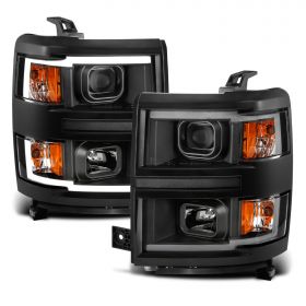 AmeriLite for 2014-2015 Silverado 1500 Pickup Square Projector Dual LED Tube Black Replacement Headlights Pair - Driver and Passenger Side