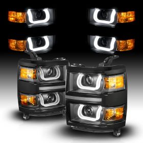 AmeriLite for 2014-2015 Chevy Silverado 1500 Pickup Truck U-Type LED Tube Quad Projector Black Replacement Headlights Pair - Driver and Passenger Side