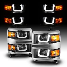 AmeriLite for 2014-2015 Chevy Silverado 1500 Pickup Truck U-Type LED Tube Quad Projector Silver Bezel Black Replacement Headlights Pair - Driver and Passenger Side