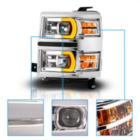 AmeriLite for 2014 2015 Silverado 1500 Pickup Switchback LED Square Projector Chrome Headlights Pair + Sequential Turn Signal Light - Driver and Passenger Side