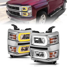 AmeriLite for 2014 2015 Silverado 1500 Pickup Switchback LED Square Projector Chrome Headlights Pair Turn Signal Light - Driver and Passenger Side