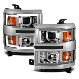 AmeriLite for 2014-2015 Chevy Silverado 1500 Pickup Truck Square Projector Dual LED Tube Chrome Headlights Pair - Driver and Passenger Side