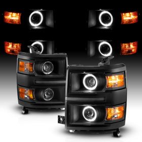 AmeriLite for 2014-2015 Chevy Silverado 1500 Pickup Truck Quad Projector LED Halos Black Headlights Pair - Driver and Passenger Side