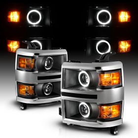 AmeriLite for 2014-2015 Chevy Silverado 1500 Pickup Truck Quad Projector LED Halos Silver Bezel Black Headlights Pair - Driver and Passenger Side