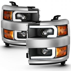 AmeriLite for 2015-2019 Chevy Silverado 2500HD 3500HD Work Truck Black Quad Projector Headlights w/Dual LED Tube Replacement Assembly Set - Passenger and Driver Side