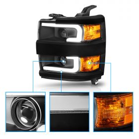 AmeriLite for 2015-2019 Chevy Silverado 2500HD 3500HD Work Truck w/Dual LED Tube All Dark Black Square Projector Replacement Headlights Set - Passenger and Driver Side