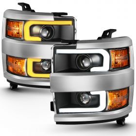 AmeriLite for 2015-2019 Silverado 2500HD 3500HD Pickup w/Dual Switchback LED Tube Quad Projector Black Replacement Headlights Assembly Set - Passenger and Driver Side