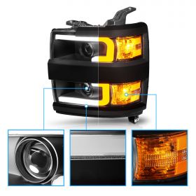 AmeriLite for 2015-2019 Chevy Silverado 2500HD 3500HD Pickup w/Switchback LED Tube All Dark Black Square Projector Headlights Assembly Set - Passenger and Driver Side