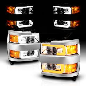 AmeriLite for 2015-2019 Silverado 2500HD 3500HD Pickup Truck Switchback LED Tube Quad Projector Chrome Replacement Headlights Set - Passenger and Driver Side