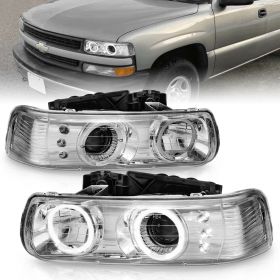 AmeriLite Chrome Projector Headlights Halo For Chevy Silverado - Passenger and Driver Side