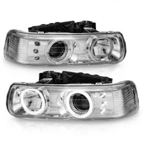 AmeriLite Chrome Projector Headlights Halo For Chevy Silverado - Passenger and Driver Side