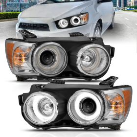 AmeriLite for 2012-2016 Chevy Sonic Crystal Chrome Xterme LED Halo Rings Projector Replacement Headlights Pair - Passenger and Driver Side