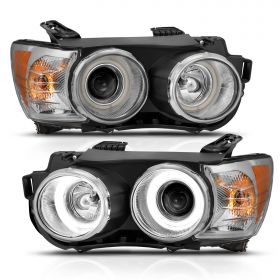 AmeriLite for 2012-2016 Chevy Sonic Crystal Chrome Xterme LED Halo Rings Projector Replacement Headlights Pair - Passenger and Driver Side