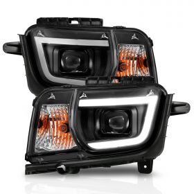 AmeriLite for 2010-2013 Chevy Camaro 2Dr Halogen Type Black LED Tube Square Projector Headlights Pair - Passenger and Driver Side