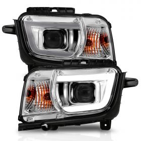 AmeriLite for 2010-2013 Chevy Camaro 2Dr Halogen Type Clear Chrome LED Tube Projector Headlights Pair - Passenger and Driver Side