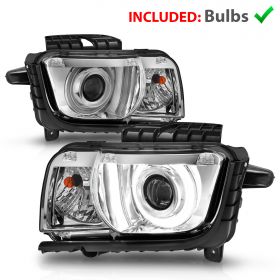 AmeriLite for 2010-2013 Chevy Camaro 2Dr Halogen Type Clear Chrome Xtreme LED Tube Projector Headlights Pair - Passenger and Driver Side
