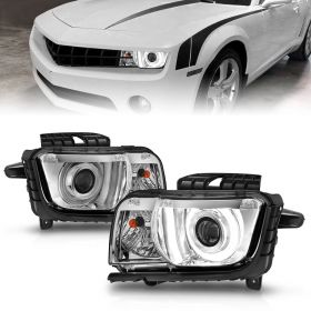AmeriLite for 2010-2013 Chevy Camaro 2Dr Halogen Type Clear Chrome Xtreme LED Tube Projector Headlights Pair - Passenger and Driver Side