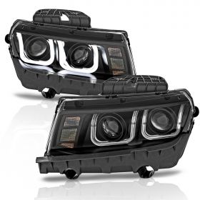 AmeriLite 2014-2015 Dual Super Bright LED Bar Dual Projector Black Headlights Set For 14-15 CHEVY CAMARO - Do Not Fit Factory HID Version