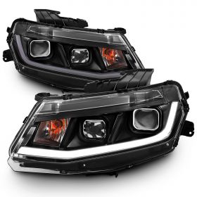 AmeriLite for 2016 2017 2018 Chevy Camaro Headlights Black Dual Quad Projectors w/LED Tube Replacement Assembly Set - Driver and Passenger Side