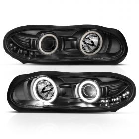 AmeriLite for 1998-2002 Chevy Camaro Xtreme LED Halo Rings Projector Black Headlight Assembly Pair - Driver and Passenger Side