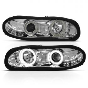 AmeriLite for 1998-2002 Chevy Camaro Xtreme LED Halo Rings Projector Chrome Headlight Assembly Pair - Driver and Passenger Side