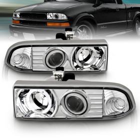 AmeriLite for 1998-2004 Chevy S10 / Blazer LED Halo Projector Chrome Headlights Assembly Set - Passenger and Driver Side