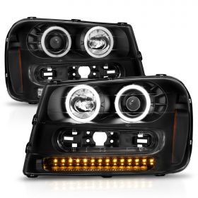 AmeriLite for 2002-2009 Chevy Trailblazer EXT w/Full Width Grille Dual Xtreme LED Halos Black Projector Headlights - Passenger and Driver Side
