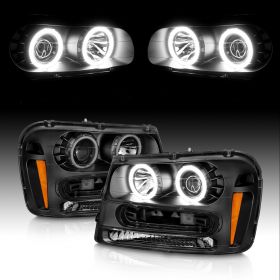 AmeriLite for 2002-2009 Chevy Trailblazer EXT Xtreme LED Halos Black Projector Replacement Headlights - Passenger and Driver Side